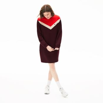 Lacoste Colorblock Fleece Sweatshirt Dress - Šaty Dámské Tmavě Červené / Béžový / Červené | CZ-y3Yny